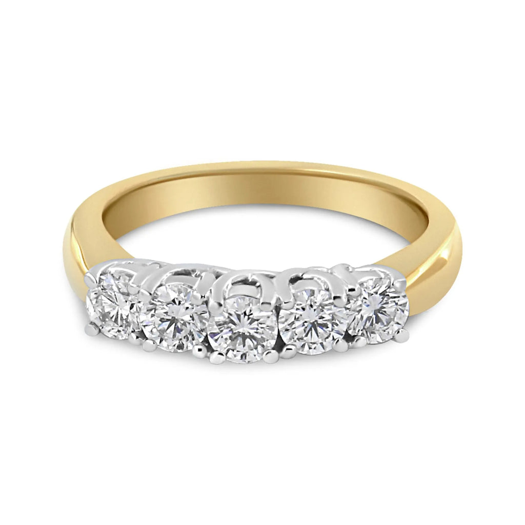 18K Yellow Gold 1.0 Cttw 4 Prong Set Round Cut Diamond Step up 5 Stone Ring Band (F-G Color, SI1-SI2 Clarity)
