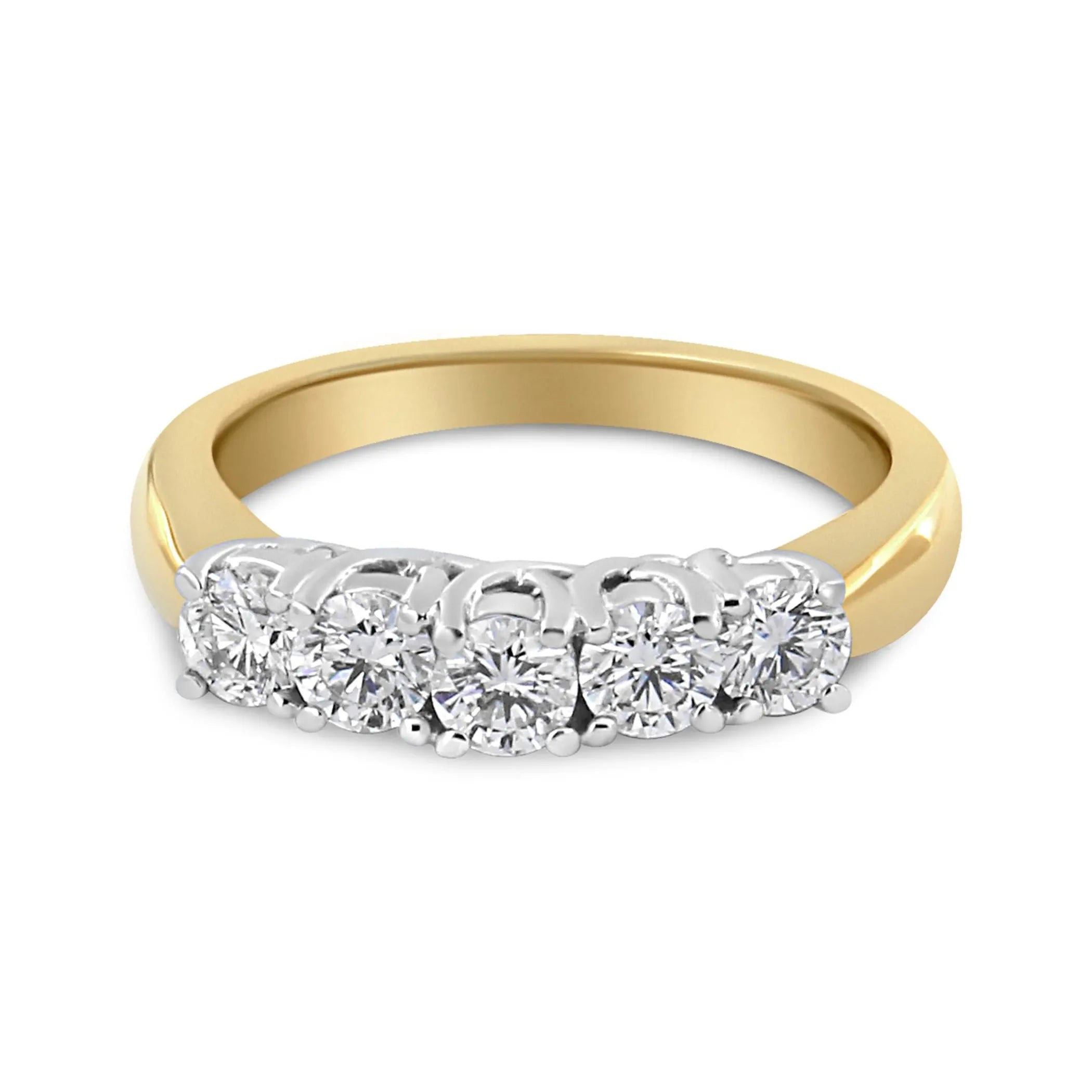 18K Yellow Gold 1.0 Cttw 4 Prong Set Round Cut Diamond Step up 5 Stone Ring Band (F-G Color, SI1-SI2 Clarity)