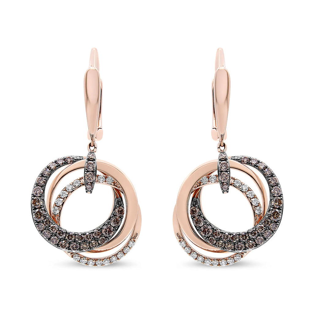 14K Rose Gold 1.00 Cttw White and Brown Diamond Intertwining Hoops and Circle Dangle Earrings (H-I/Brown Color, SI1-SI2 Clarity)