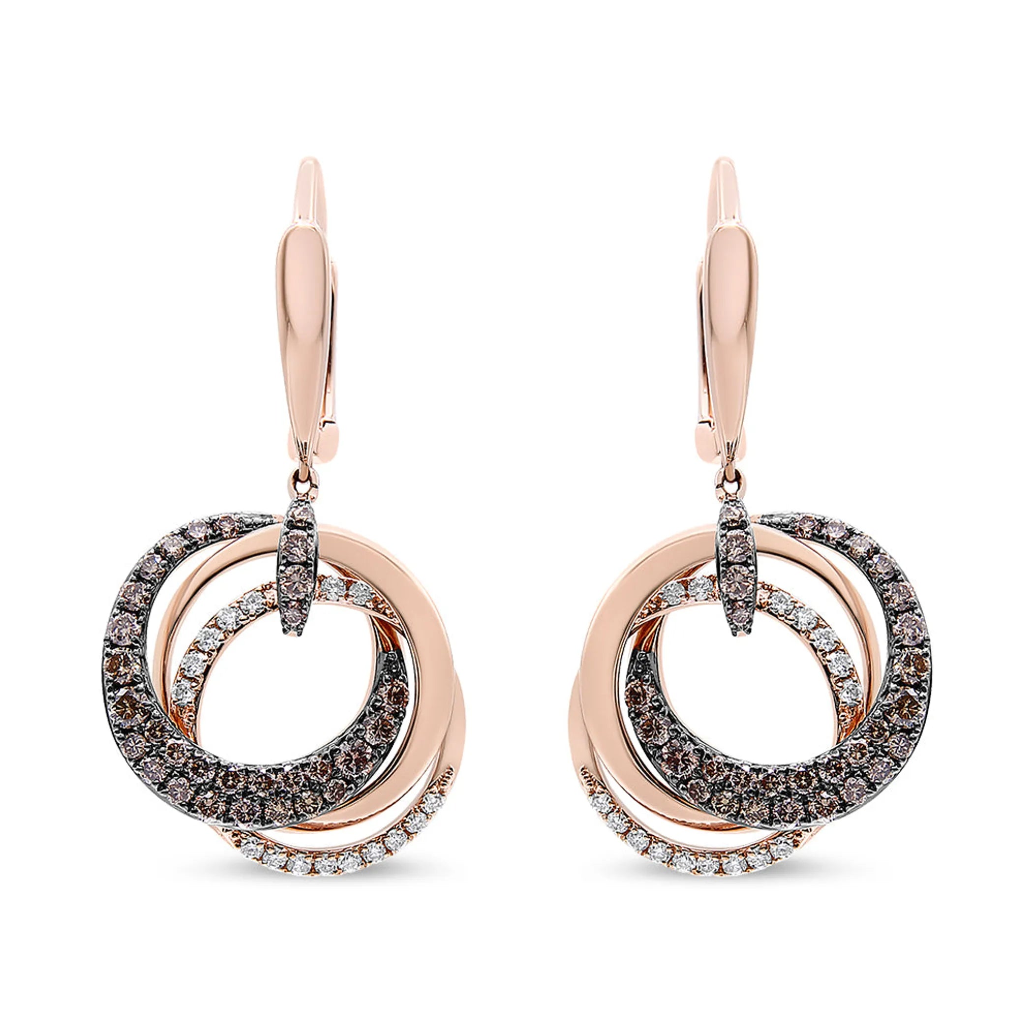 14K Rose Gold 1.00 Cttw White and Brown Diamond Intertwining Hoops and Circle Dangle Earrings (H-I/Brown Color, SI1-SI2 Clarity)