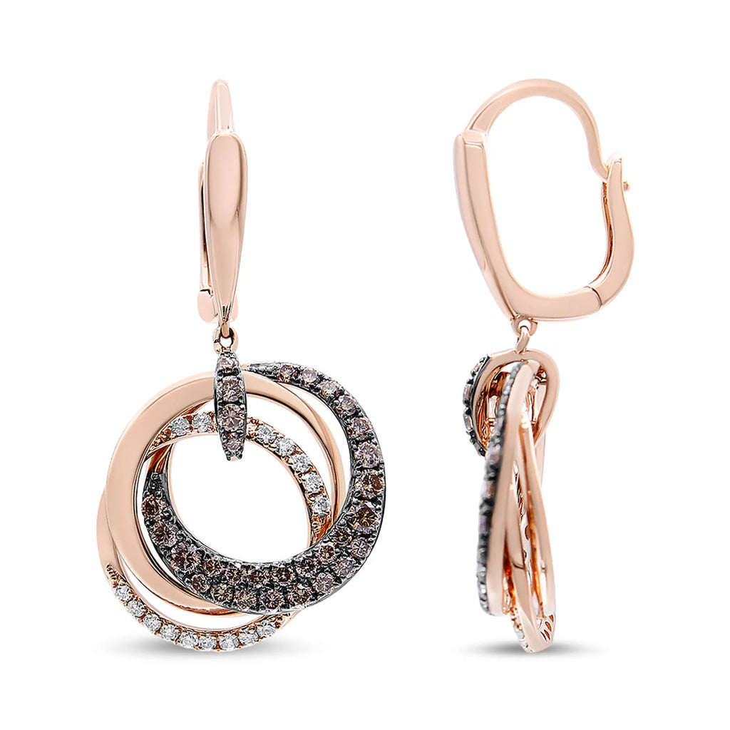 14K Rose Gold 1.00 Cttw White and Brown Diamond Intertwining Hoops and Circle Dangle Earrings (H-I/Brown Color, SI1-SI2 Clarity)