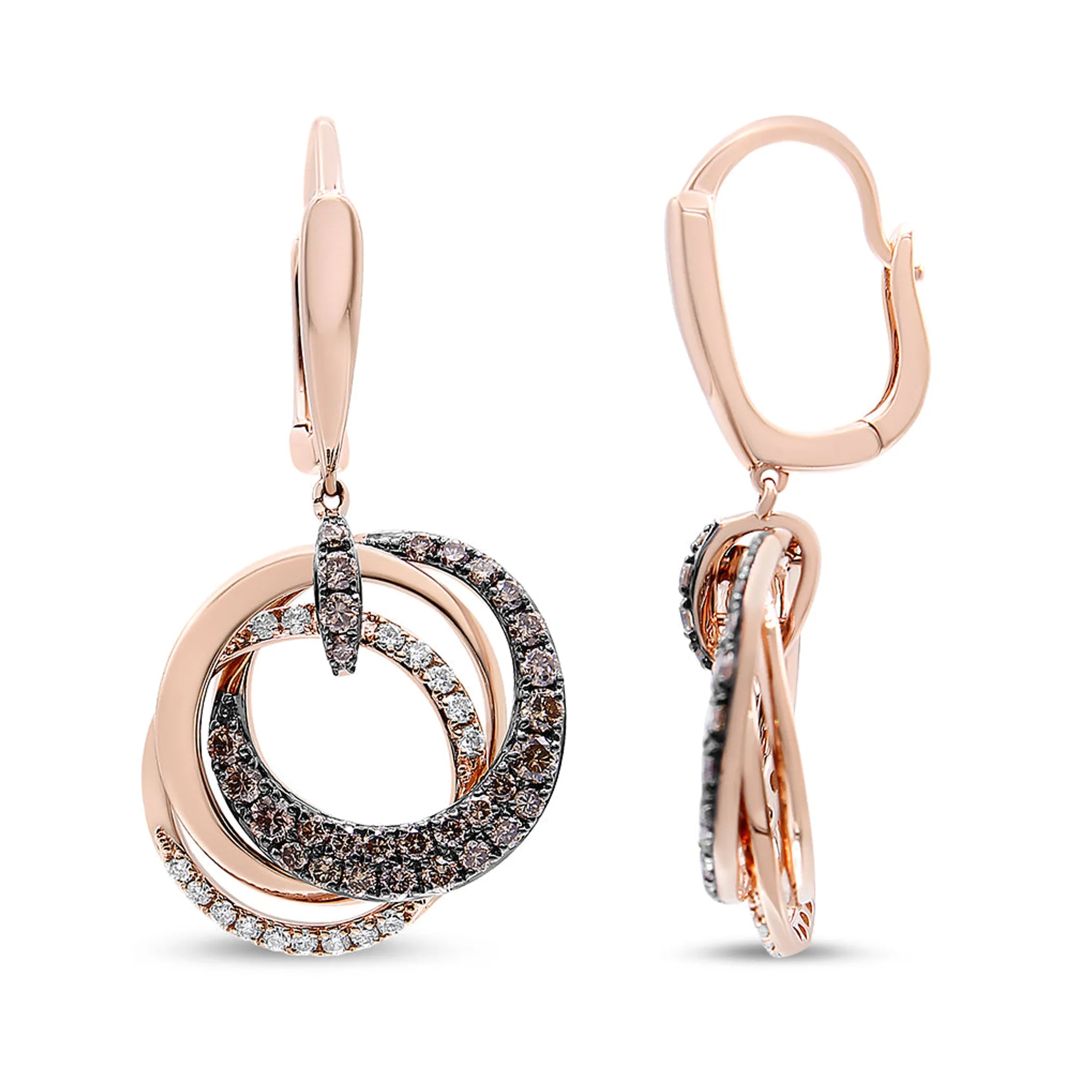 14K Rose Gold 1.00 Cttw White and Brown Diamond Intertwining Hoops and Circle Dangle Earrings (H-I/Brown Color, SI1-SI2 Clarity)