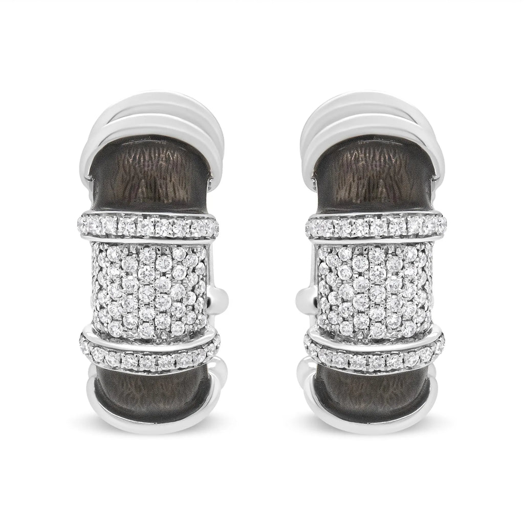 18K White Gold Flash Plated .925 Sterling Silver Clear Graphite Grey Enamel 5/8 Cttw Round Diamonds Huggie Hoop Earrings (F-G Color, VS1-VS2 Clarity)