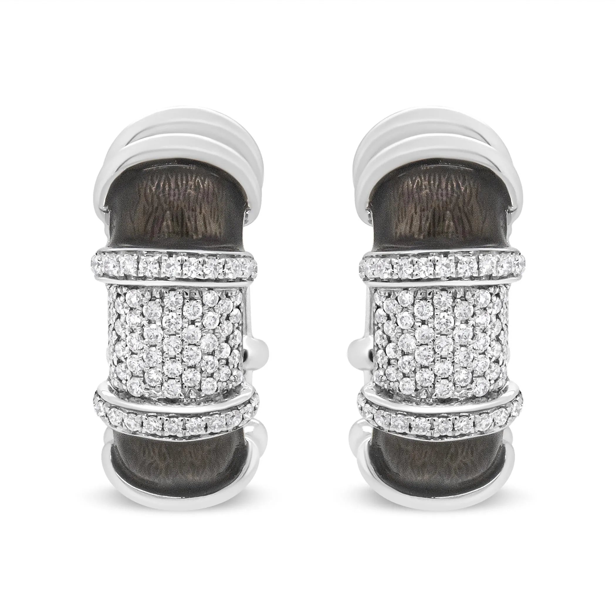 18K White Gold Flash Plated .925 Sterling Silver Clear Graphite Grey Enamel 5/8 Cttw Round Diamonds Huggie Hoop Earrings (F-G Color, VS1-VS2 Clarity)