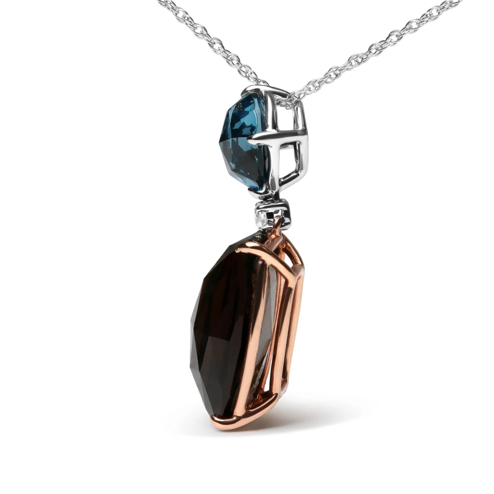 18K Rose and White Gold Diamond Accent and London Blue Topaz and Cushion Cut Smoky Quartz Gemstone Dangle Drop 18" Pendant Necklace (G-H Color, SI1-SI2 Clarity)