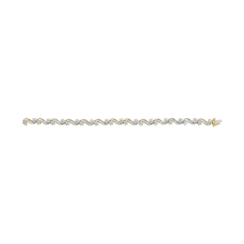 10k Yellow Gold 3.00 Cttw Round-Cut and Baguette-Cut Floral Link 7.25" Bracelet (I-J Color, I1-I2 Clarity)