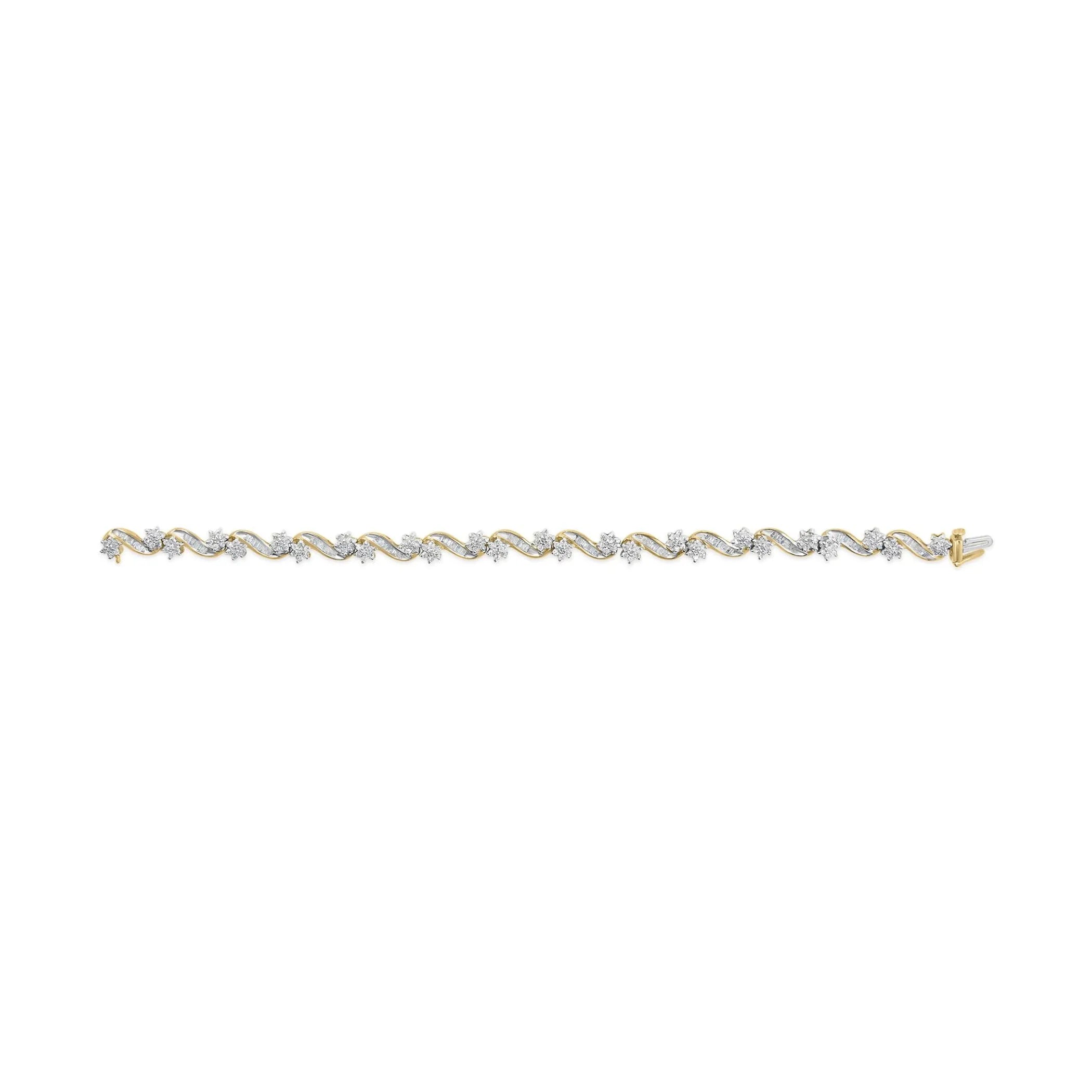10k Yellow Gold 3.00 Cttw Round-Cut and Baguette-Cut Floral Link 7.25" Bracelet (I-J Color, I1-I2 Clarity)