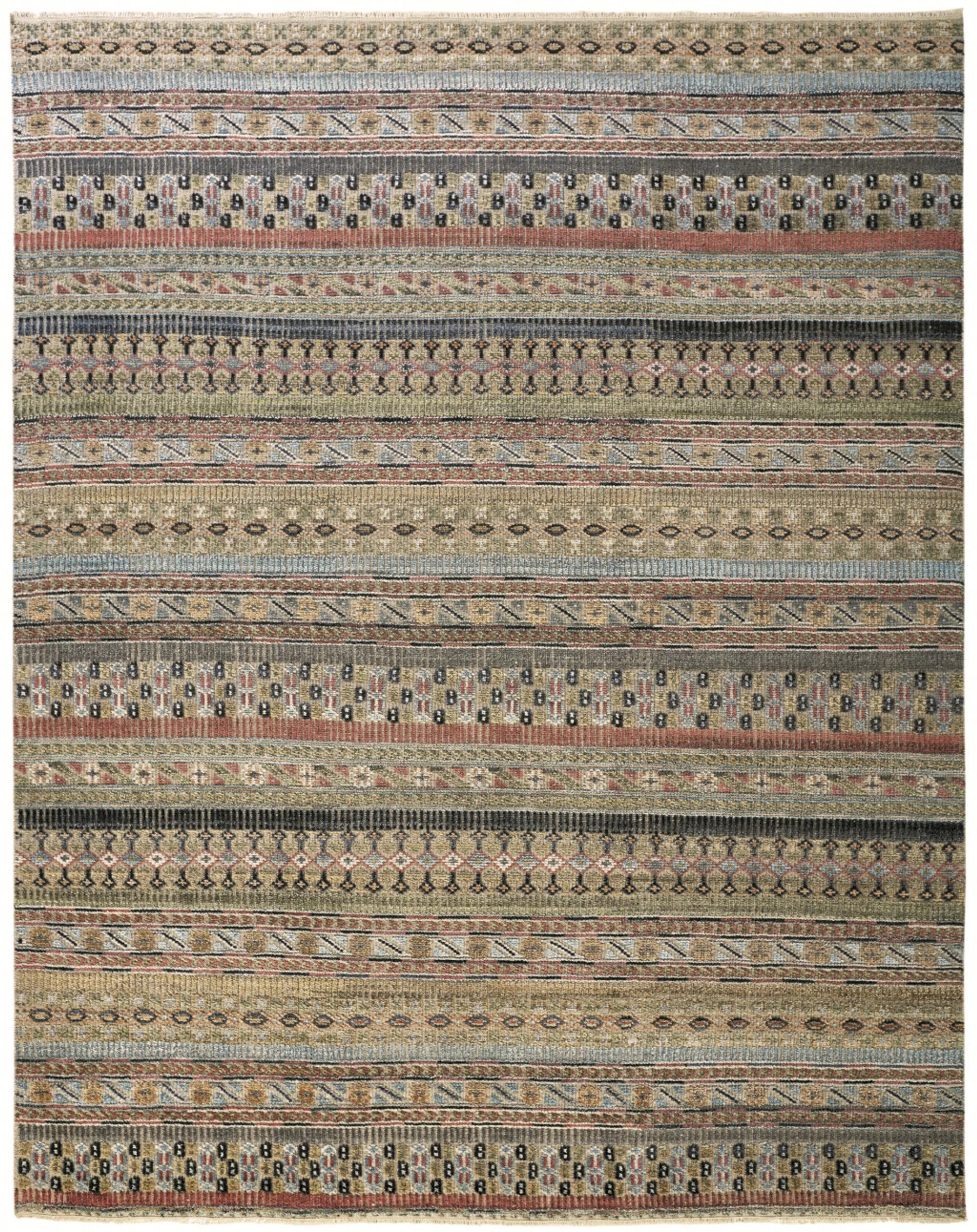 12' X 15' Tan Blue and Orange Striped Hand Knotted Area Rug