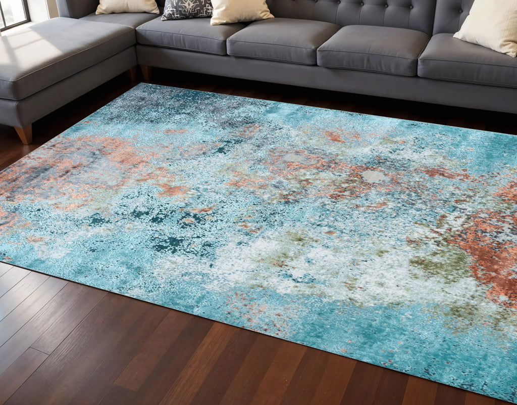 8' X 10' Aqua Blue and Bronze Abstract Hand Knotted Area Rug
