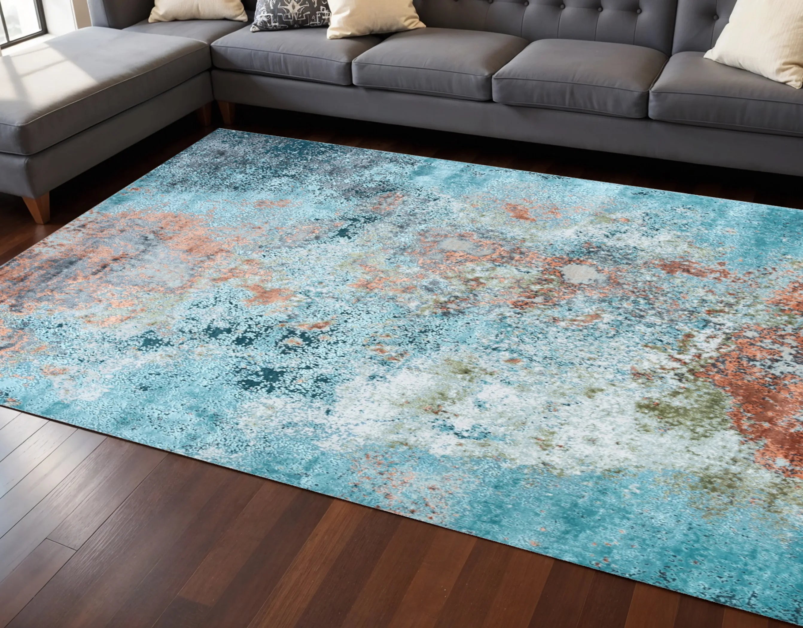8' X 10' Aqua Blue and Bronze Abstract Hand Knotted Area Rug