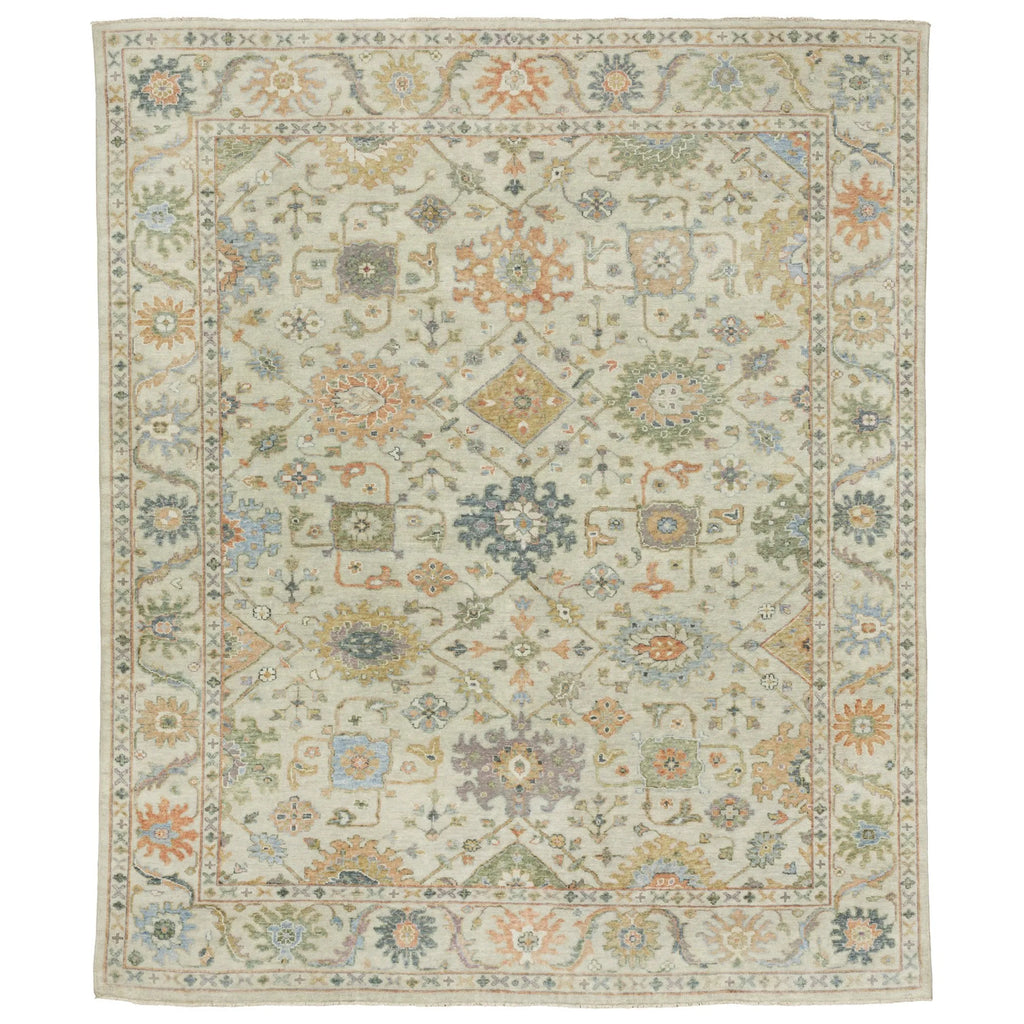 8' X 10' Beige And Green Wool Oriental Hand Knotted Area Rug With Fringe