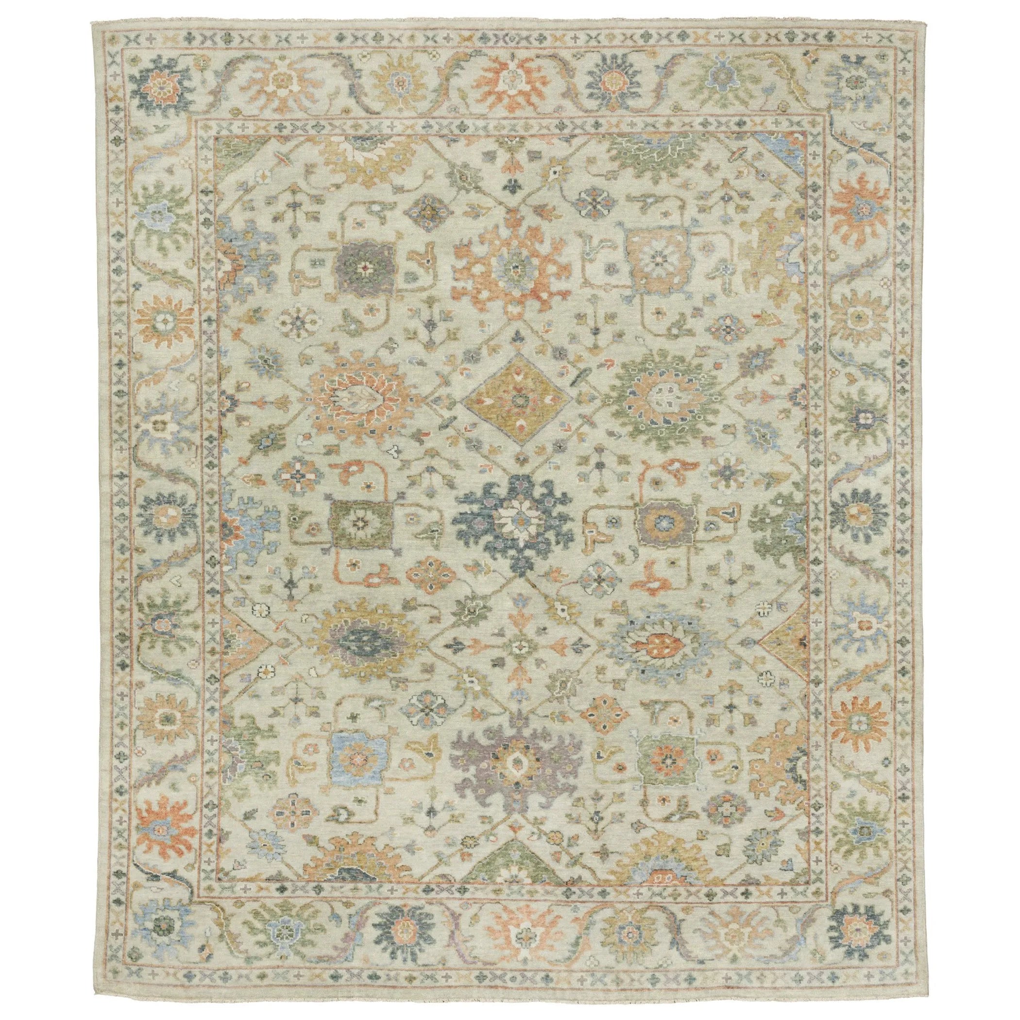 8' X 10' Beige And Green Wool Oriental Hand Knotted Area Rug With Fringe