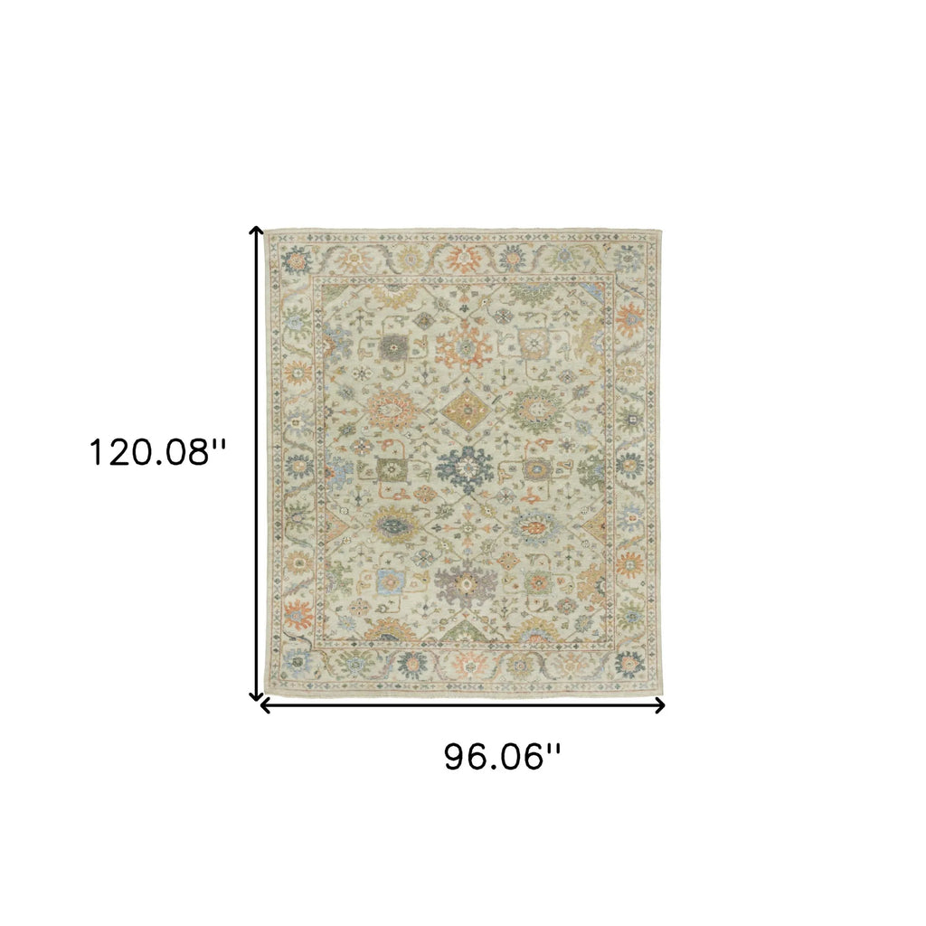 8' X 10' Beige And Green Wool Oriental Hand Knotted Area Rug With Fringe