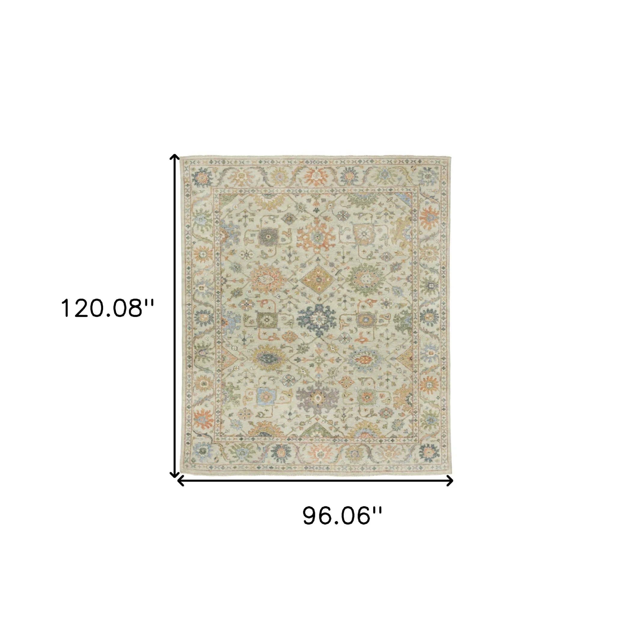 8' X 10' Beige And Green Wool Oriental Hand Knotted Area Rug With Fringe