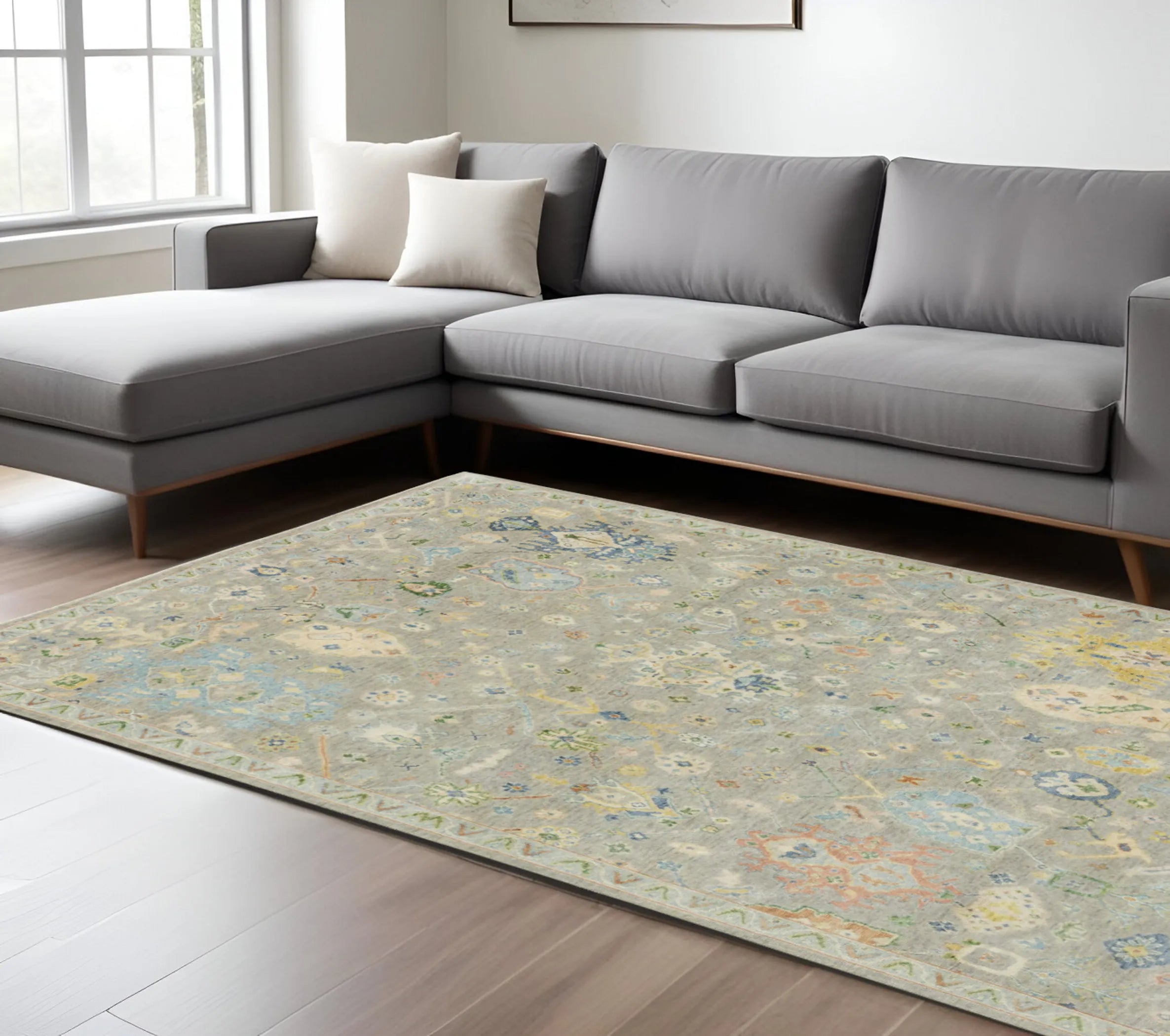 8' X 10' Gray Sky Blue And Yellow Wool Oriental Hand Knotted Area Rug With Fringe