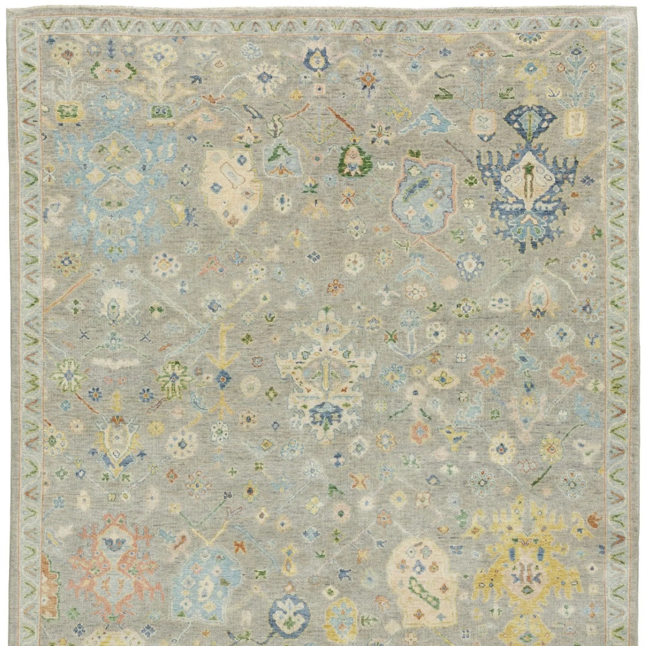 8' X 10' Gray Sky Blue And Yellow Wool Oriental Hand Knotted Area Rug With Fringe