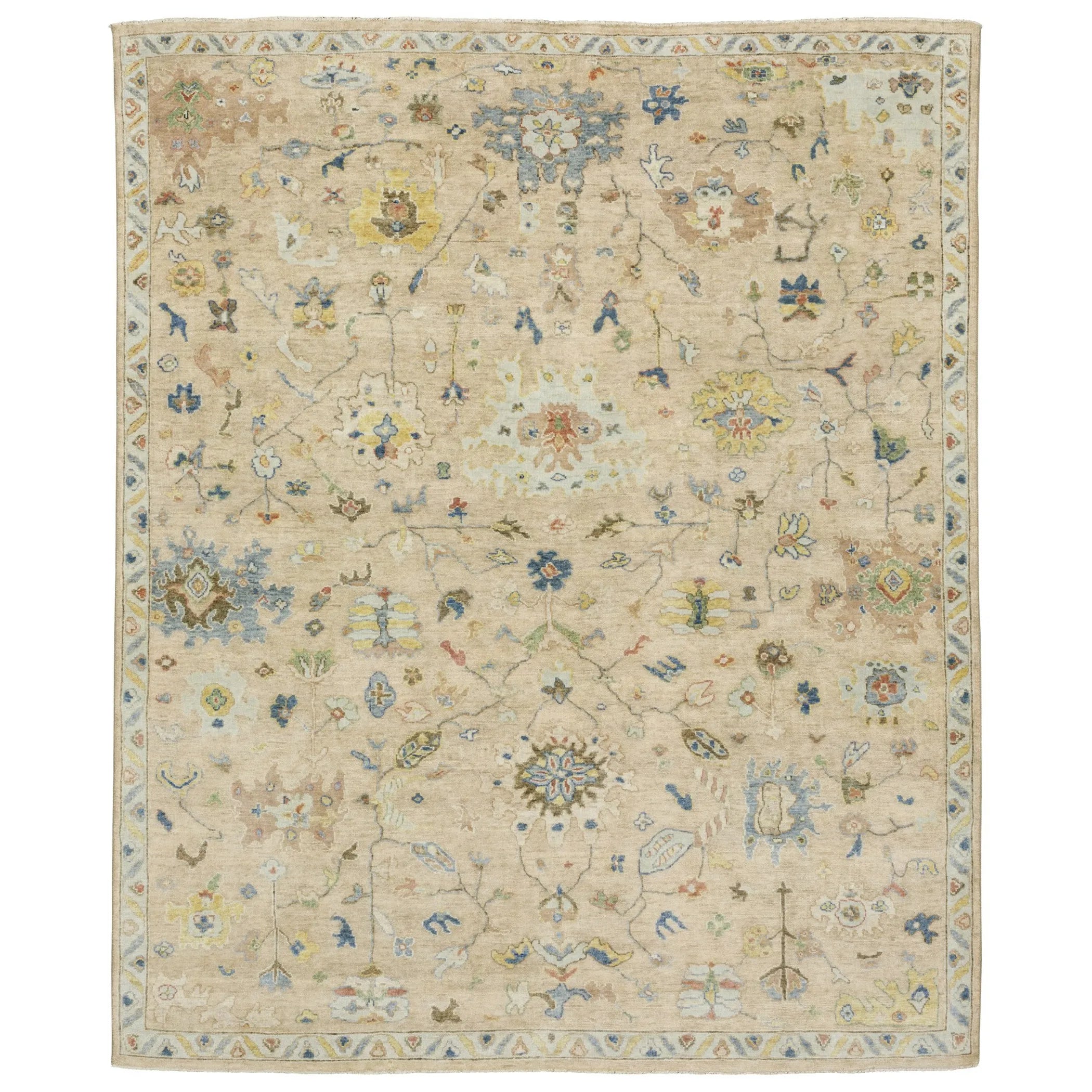 8' X 10' Beige Yellow And Light Blue Wool Oriental Hand Knotted Area Rug With Fringe