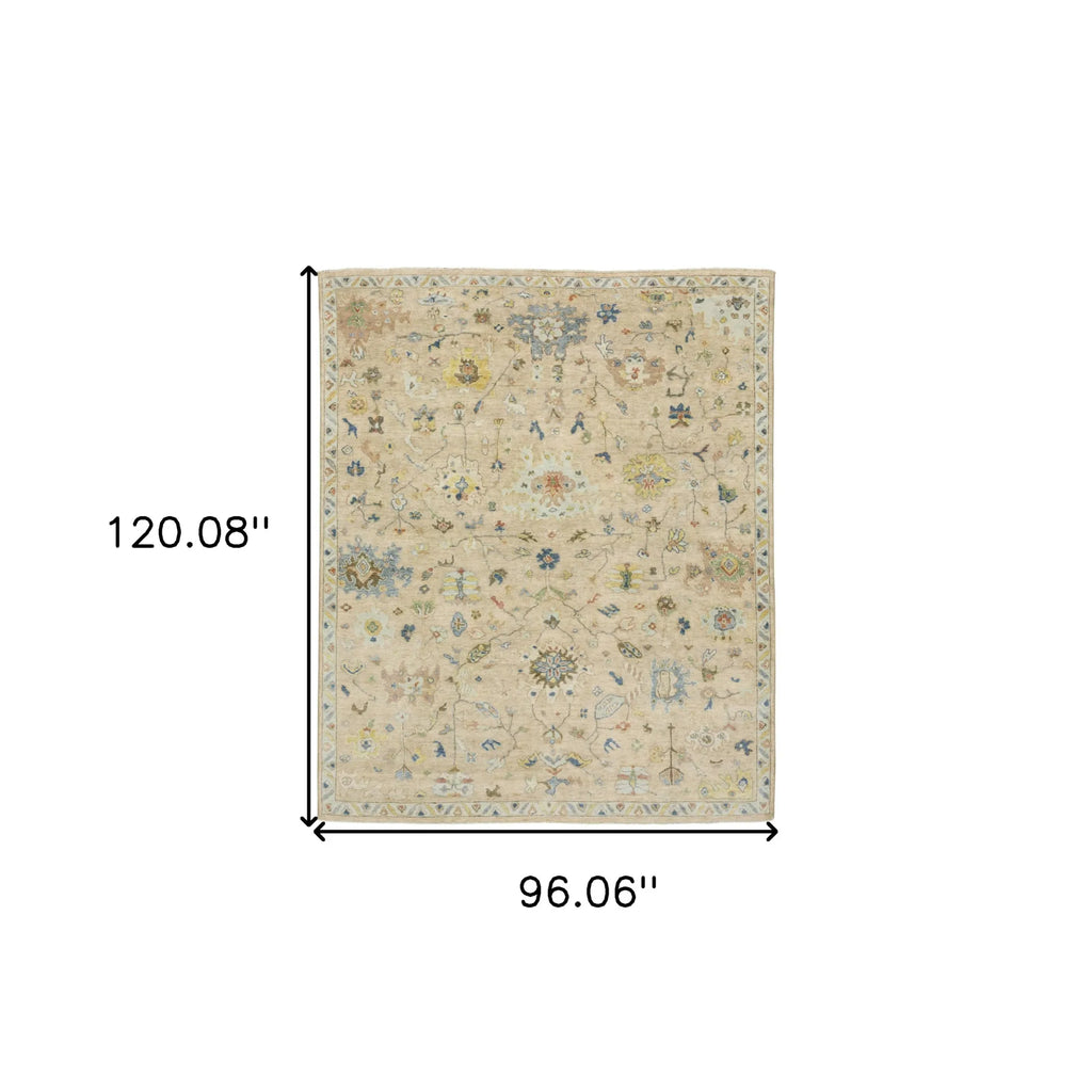 8' X 10' Beige Yellow And Light Blue Wool Oriental Hand Knotted Area Rug With Fringe