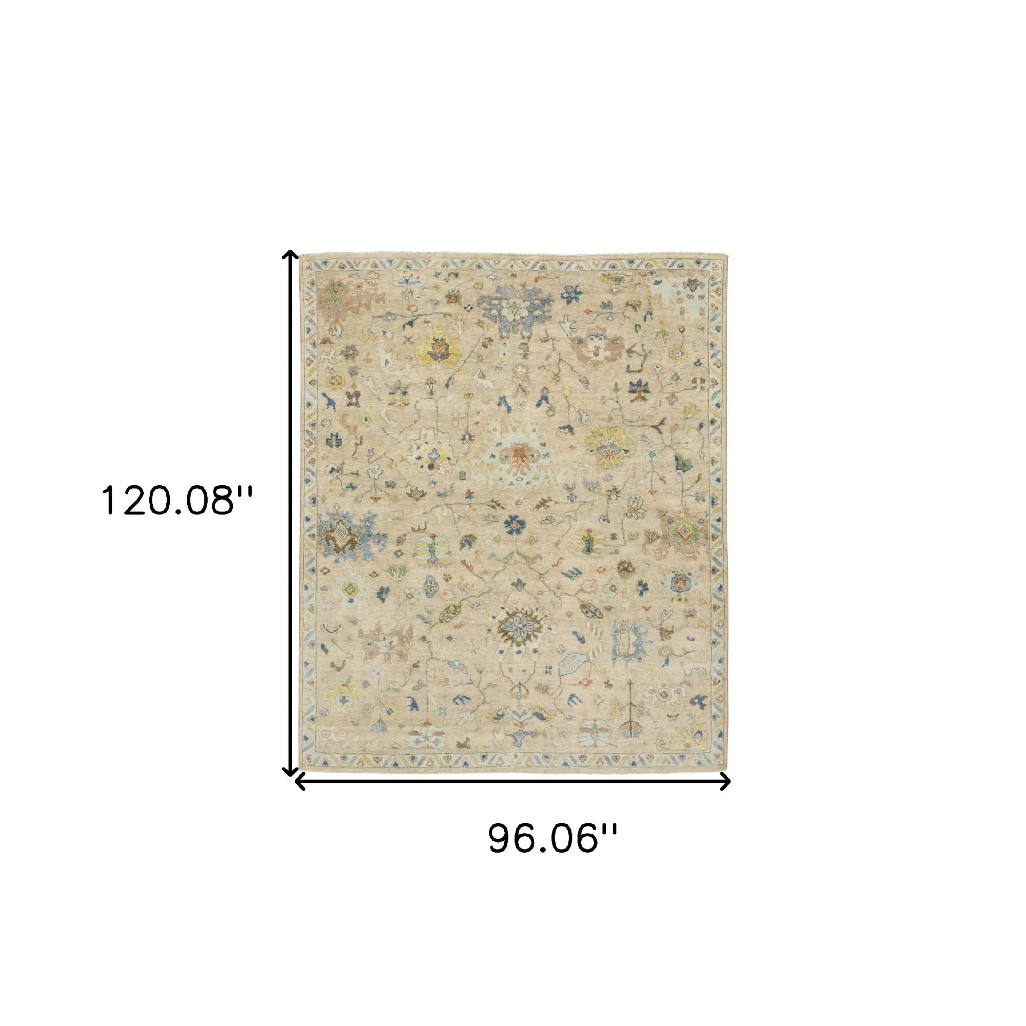 8' X 10' Beige Yellow And Light Blue Wool Oriental Hand Knotted Area Rug With Fringe