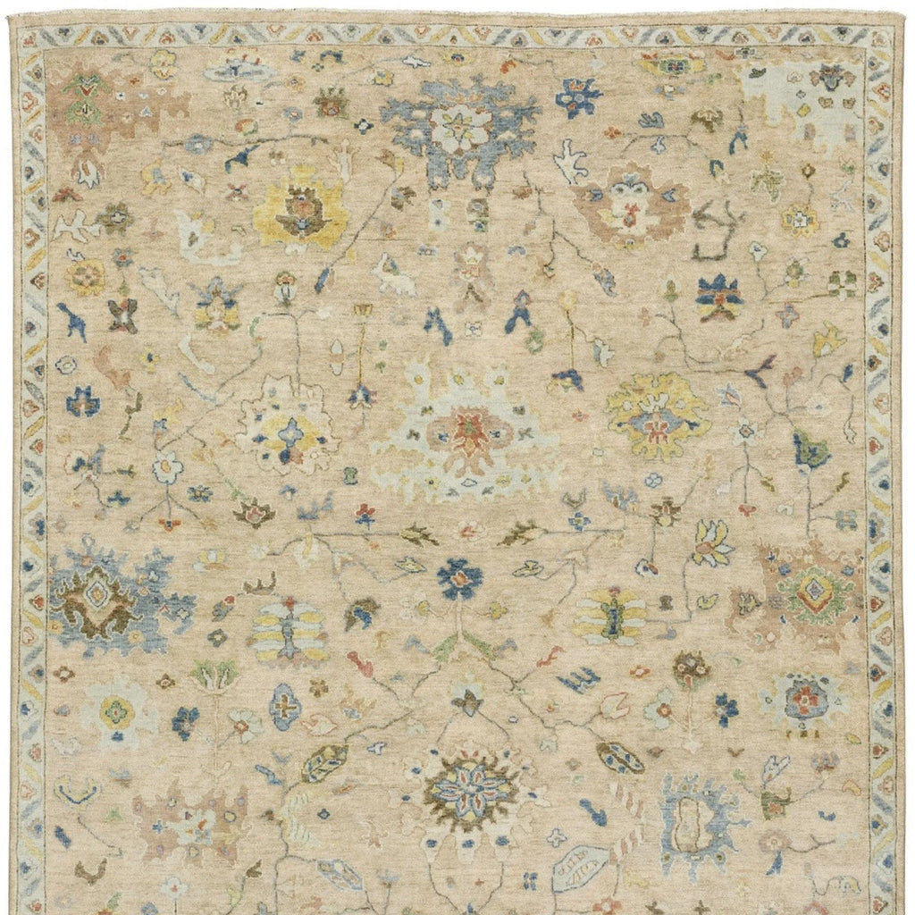 8' X 10' Beige Yellow And Light Blue Wool Oriental Hand Knotted Area Rug With Fringe