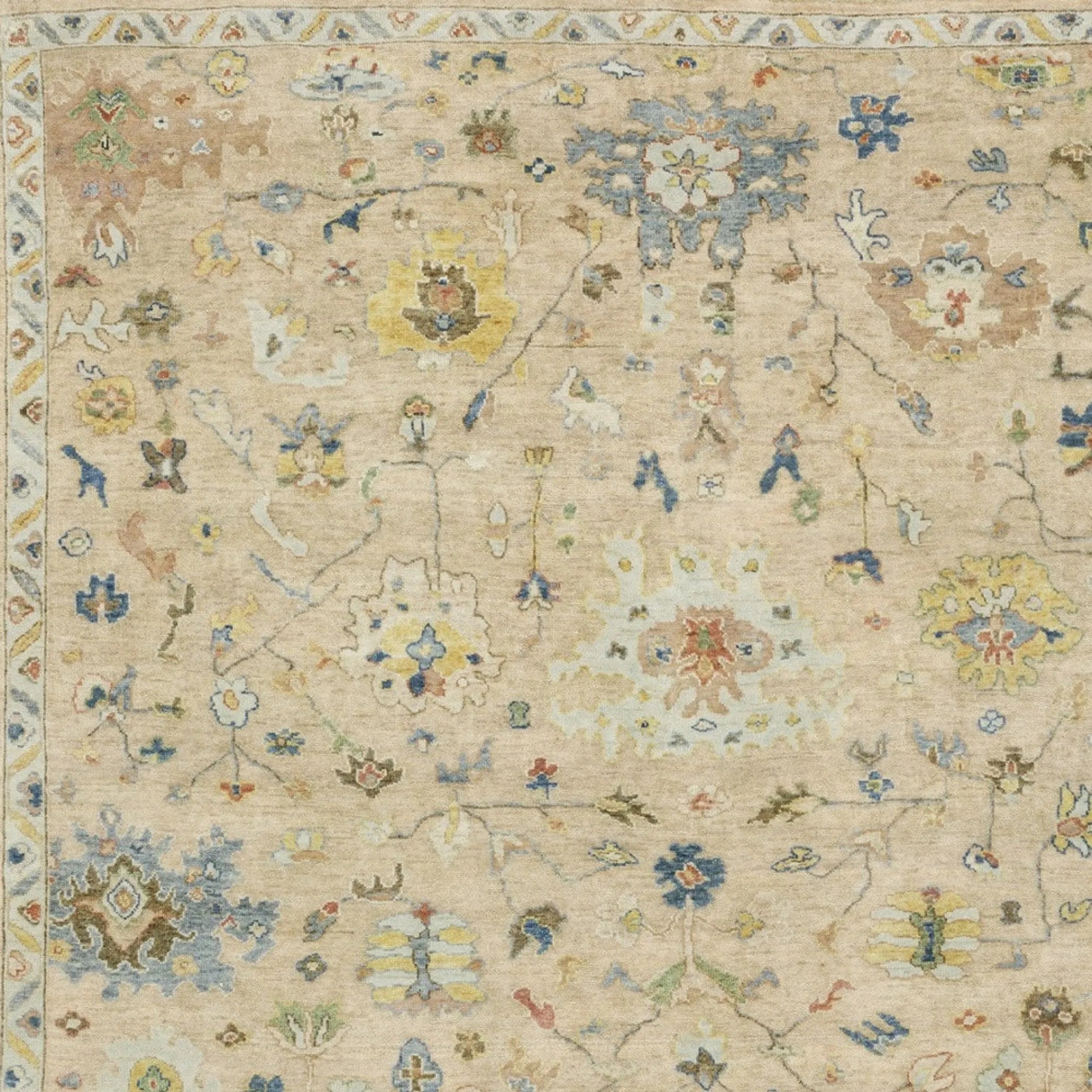 8' X 10' Beige Yellow And Light Blue Wool Oriental Hand Knotted Area Rug With Fringe