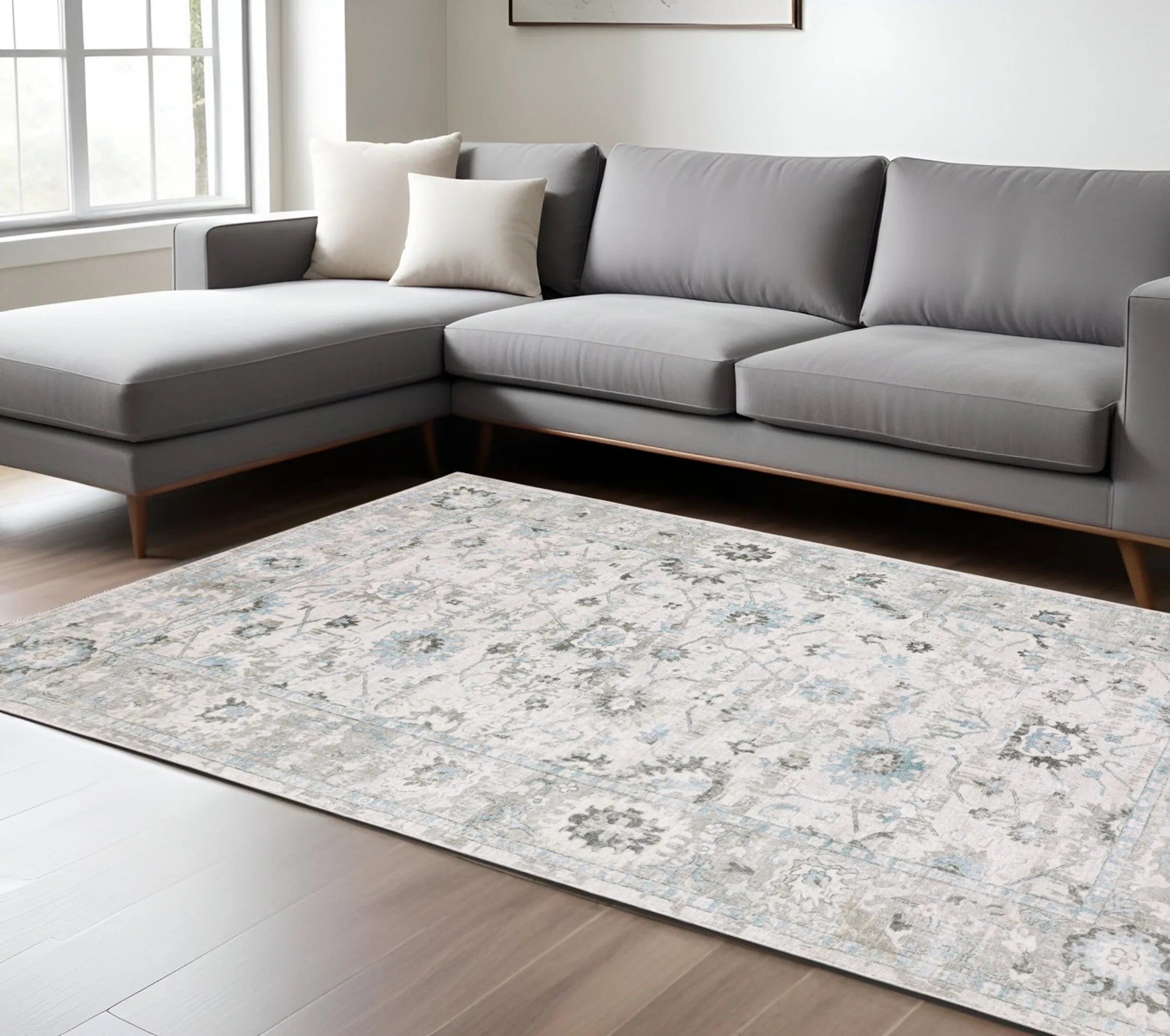 10' X 14' Ivory And Teal Blue Oriental Hand Tufted Area Rug