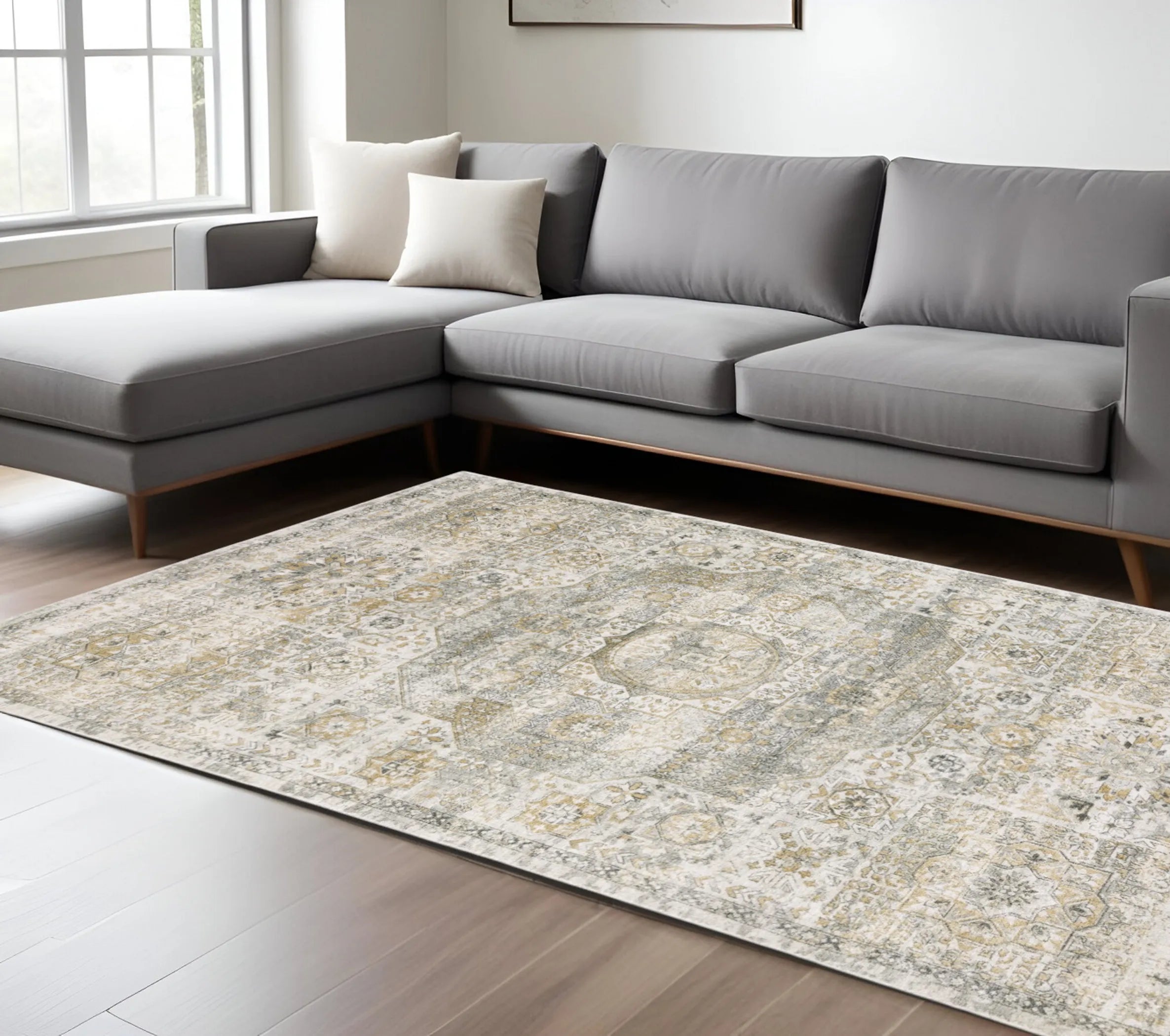 10' X 14' Gray And Gold Medallion Hand Tufted Area Rug
